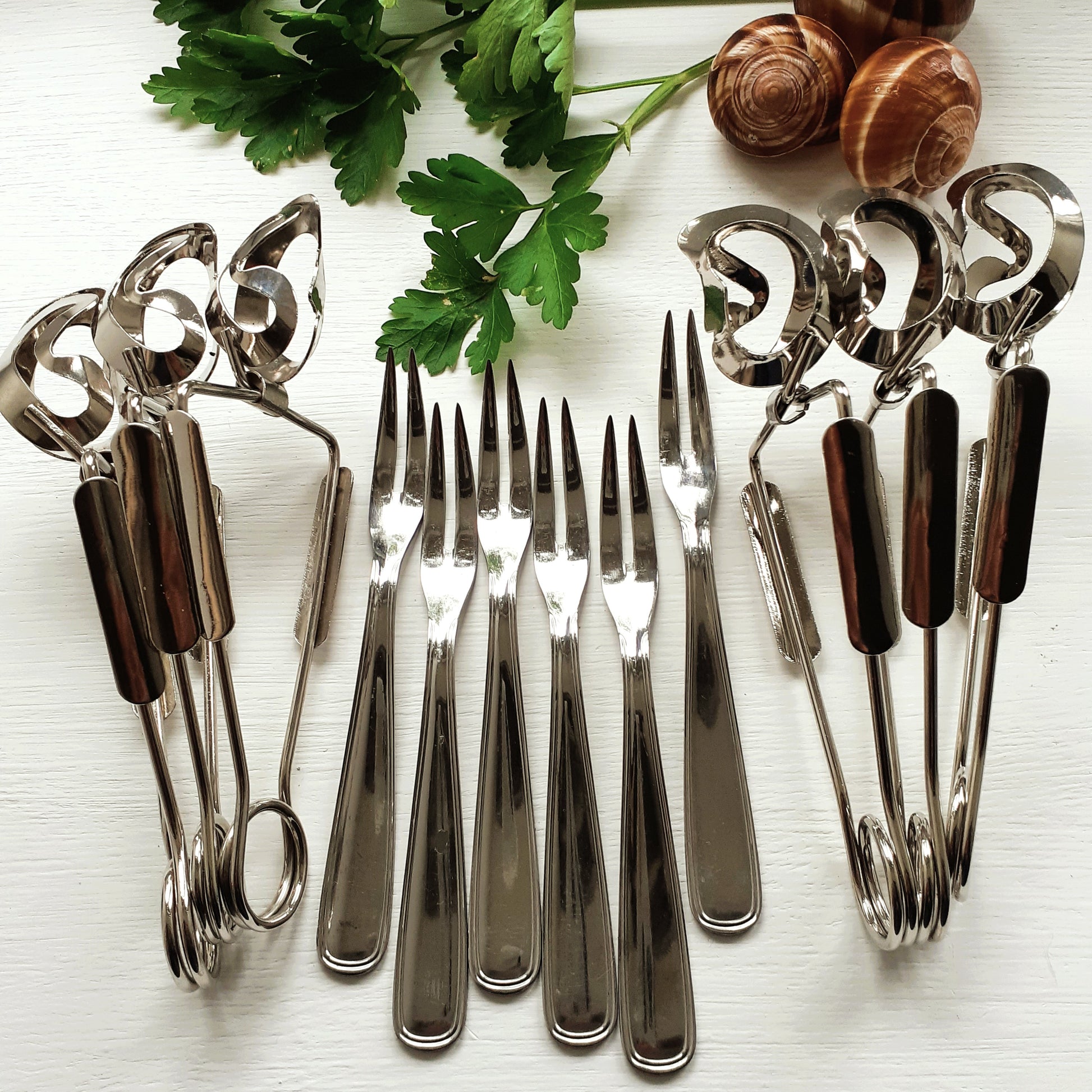 12 Piece Escargot Cutlery Set. Escargot Tongs and Forks from Tiggy & Pip - Just €90! Shop now at Tiggy and Pip