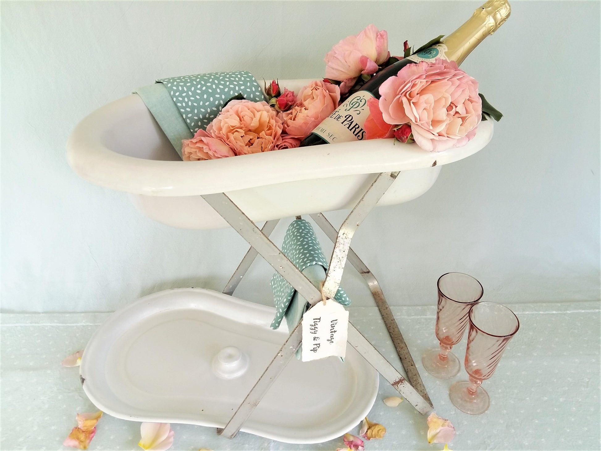 Enamel Baby Bath Tub with Lid, on Stand. from Tiggy & Pip - Just €260! Shop now at Tiggy and Pip