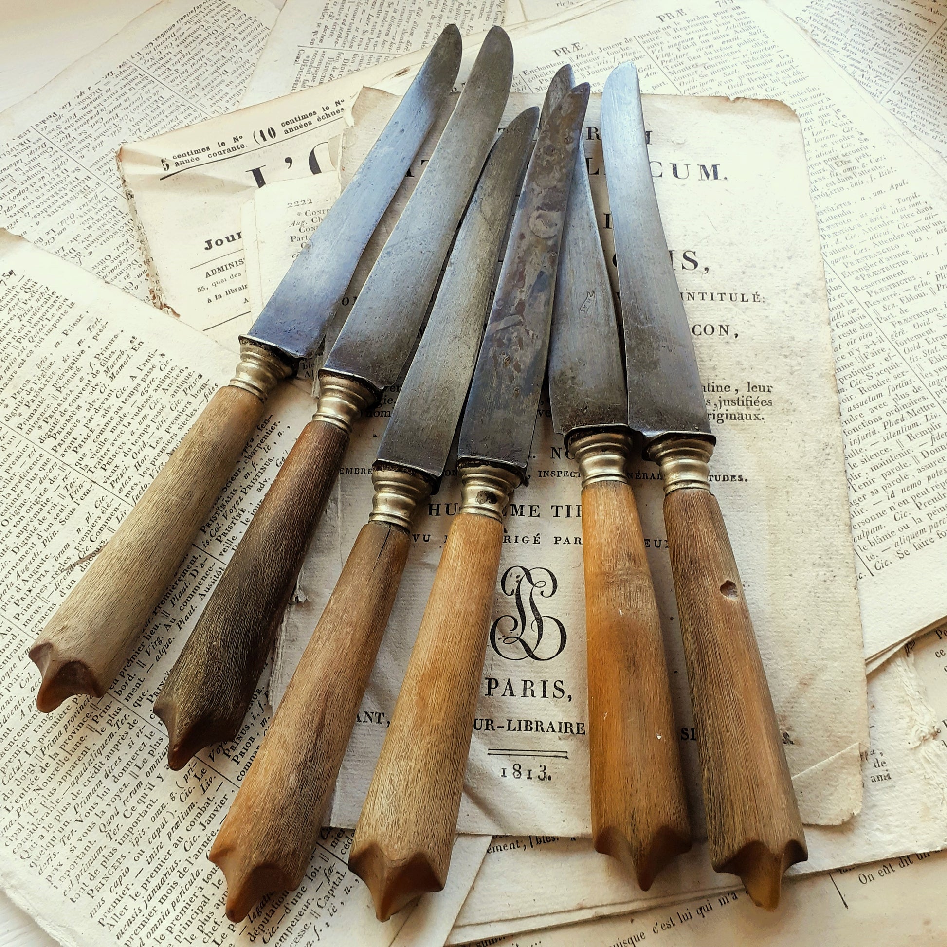 Six antique knives, with antler handles, circa 1910s from Tiggy & Pip - Just €60! Shop now at Tiggy and Pip