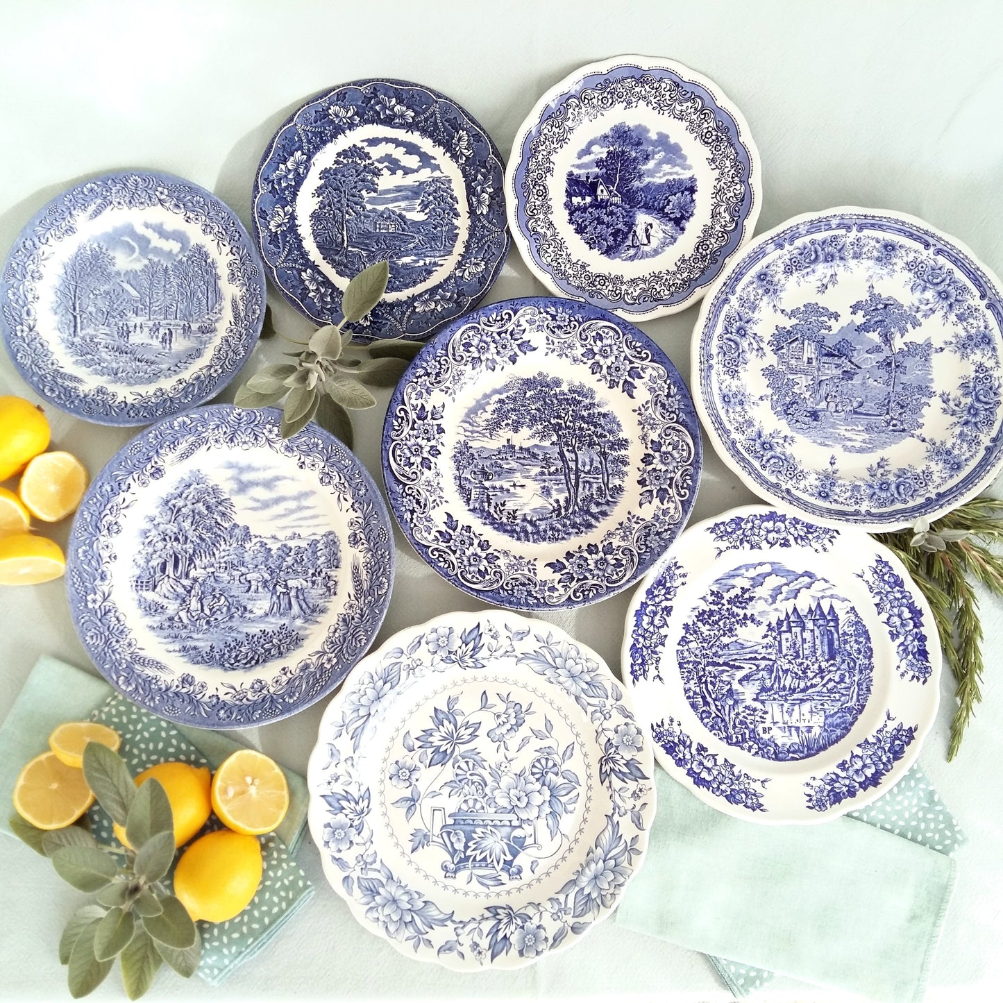 Eight mismatched blue and white plates from Tiggy & Pip - Just €199! Shop now at Tiggy and Pip