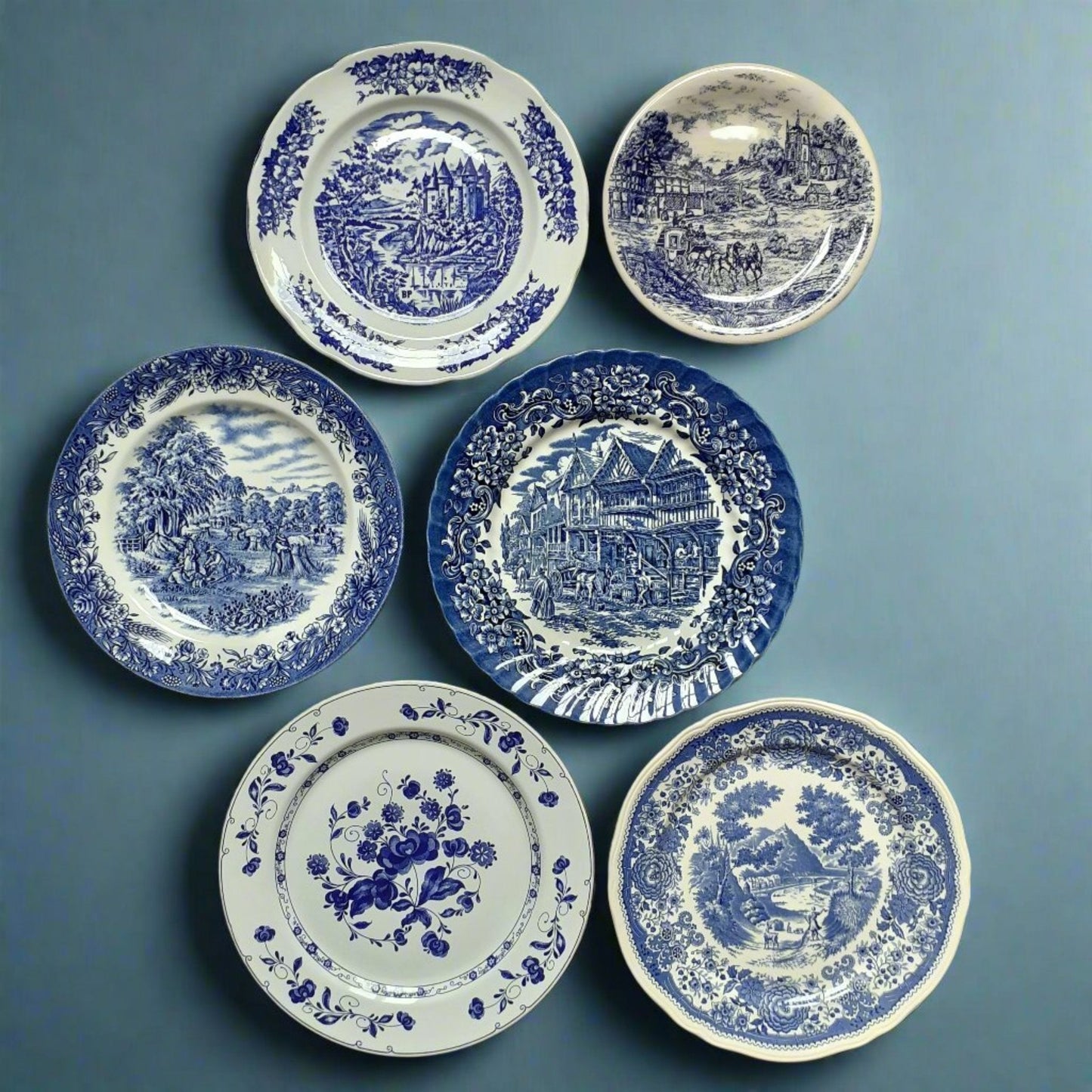 SIX Mismatched Blue and White Transferware Plates from Tiggy & Pip - Just €149! Shop now at Tiggy and Pip