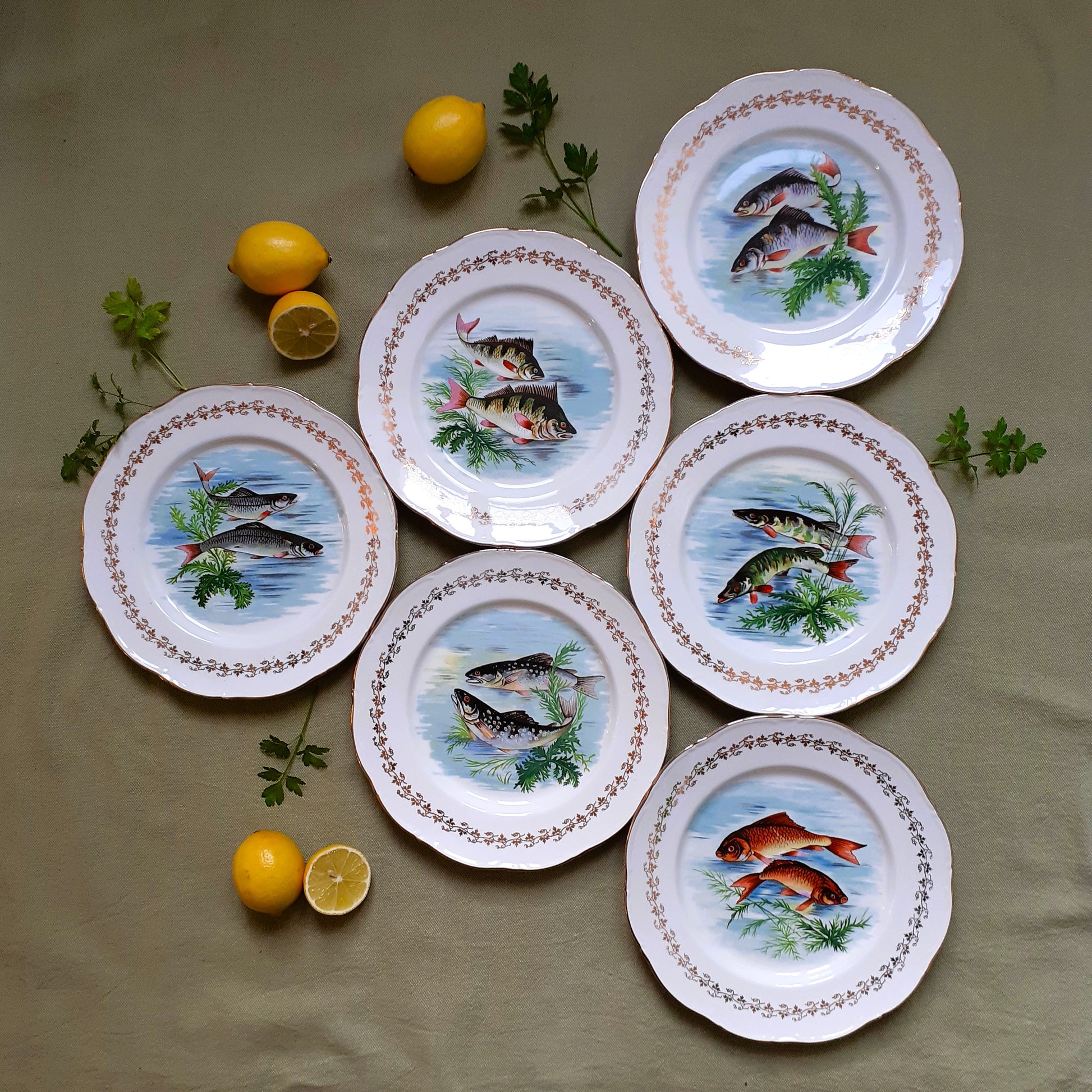 Six 1960s, French, Digoin Porcelain, Fish Plates from Tiggy & Pip - Just €168! Shop now at Tiggy and Pip