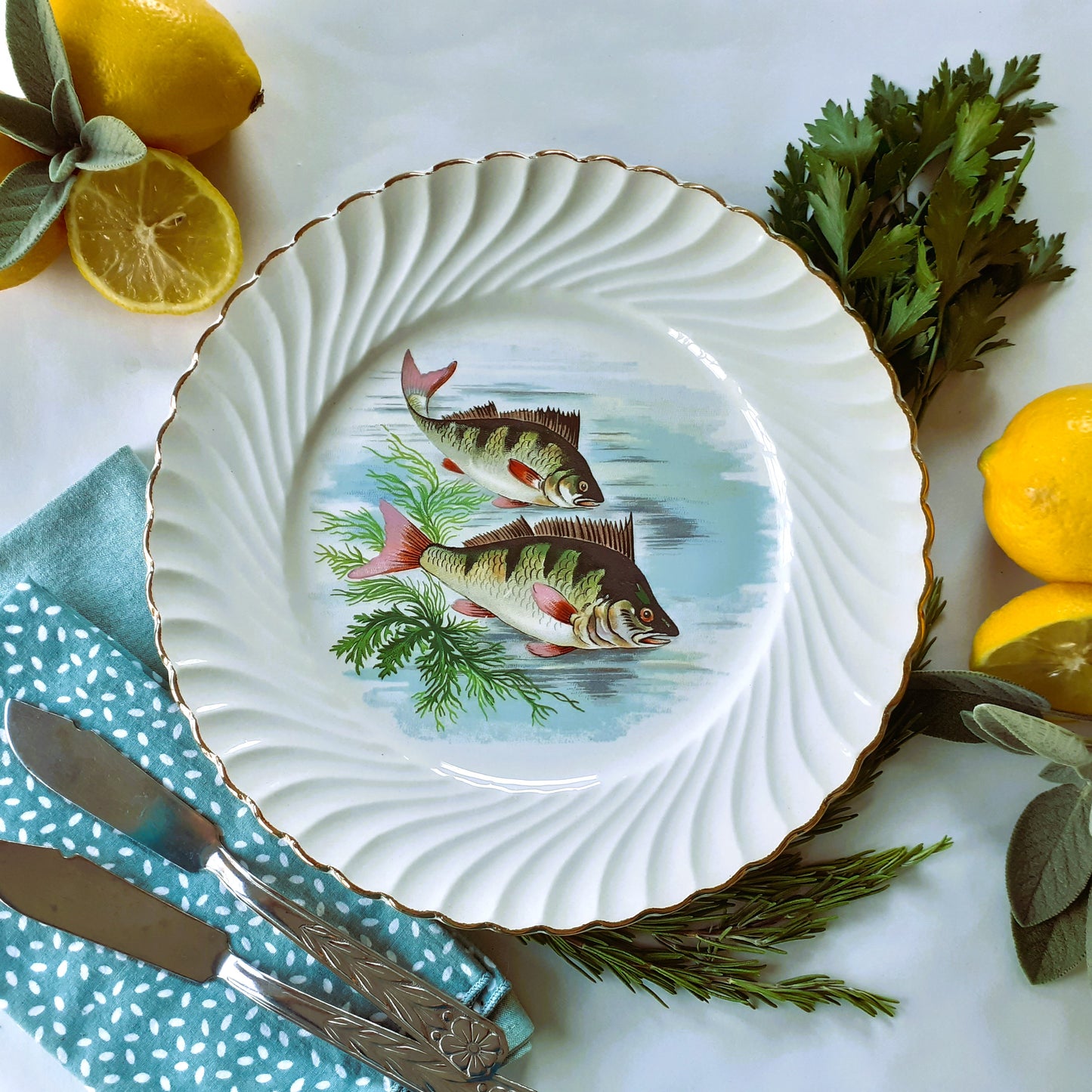 Eight 1950s French Fish Plates from Tiggy & Pip - Just €199! Shop now at Tiggy and Pip