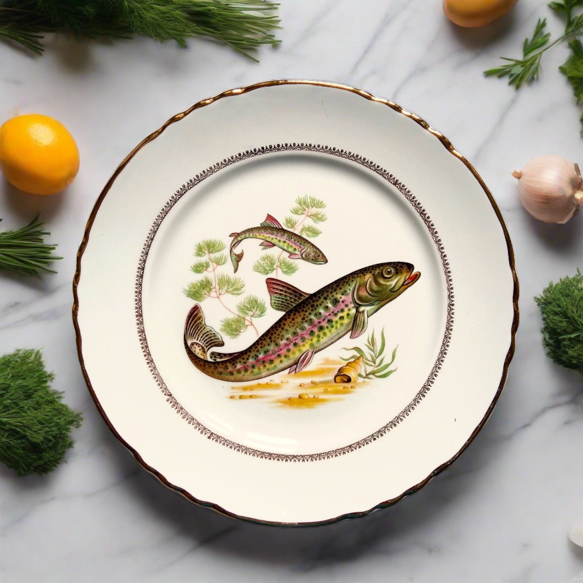 Six Vintage Fish Plates by Moulin des Loups from Tiggy and Pip - Just €168! Shop now at Tiggy and Pip