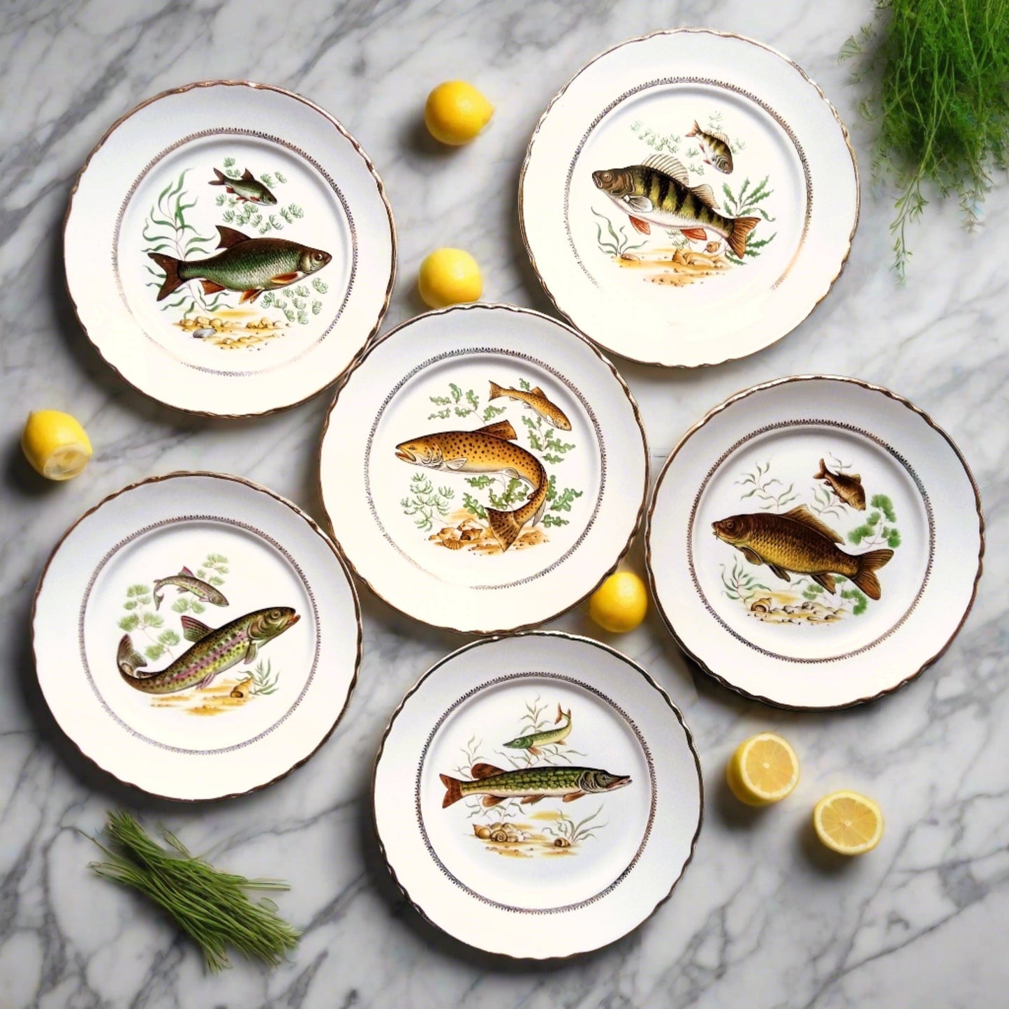 Six Vintage Fish Plates by Moulin des Loups from Tiggy and Pip - Just €168! Shop now at Tiggy and Pip