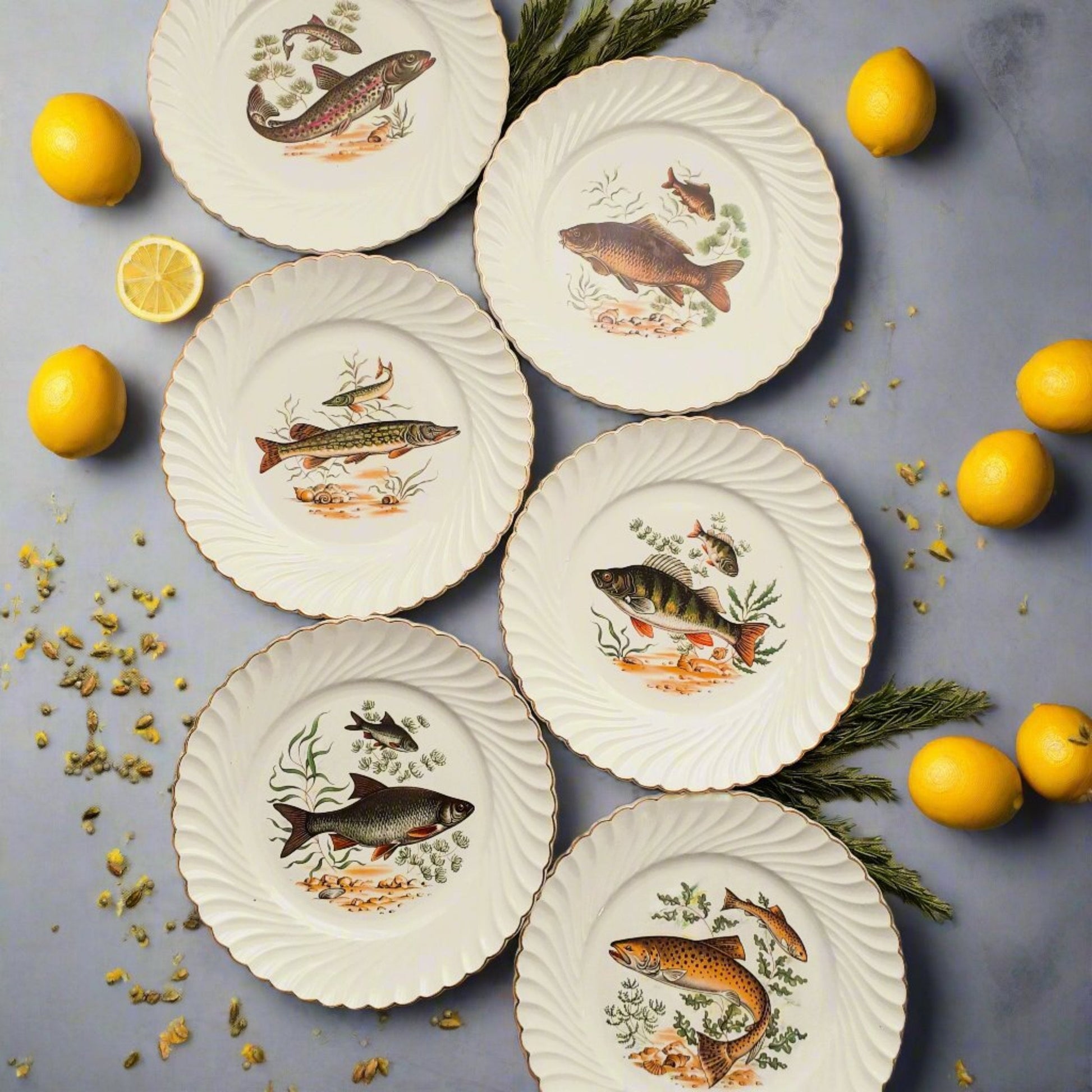 Six antique fish plates by Lunéville, France from Tiggy & Pip - Just €168! Shop now at Tiggy and Pip