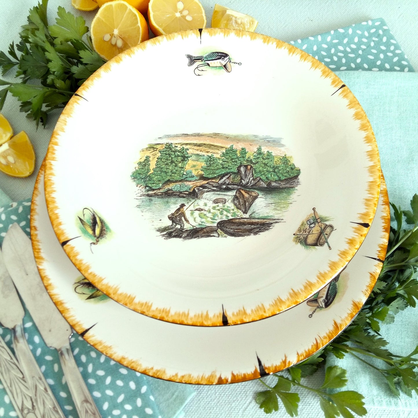 TEN 1950s Fishing Dinner Plates and Bowls from Tiggy & Pip - Just €240! Shop now at Tiggy and Pip