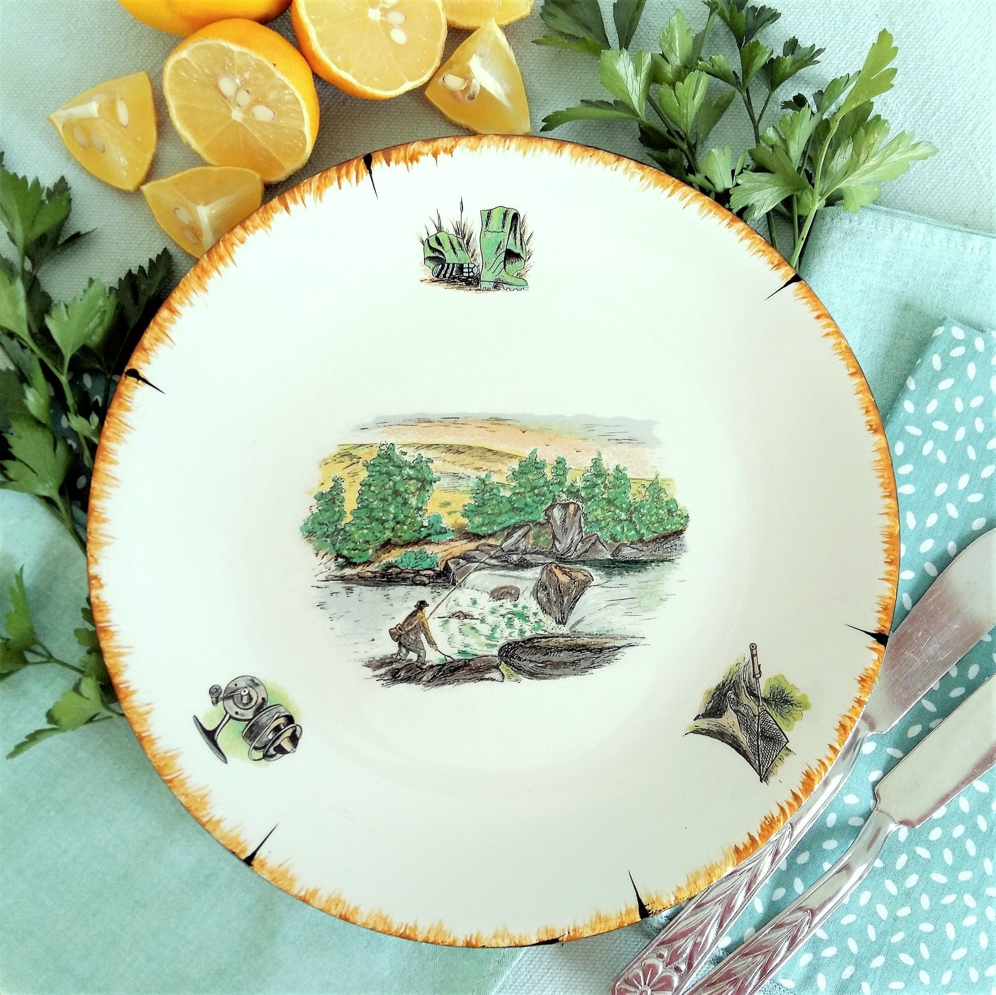 TEN 1950s Fishing Dinner Plates and Bowls from Tiggy & Pip - Just €240! Shop now at Tiggy and Pip