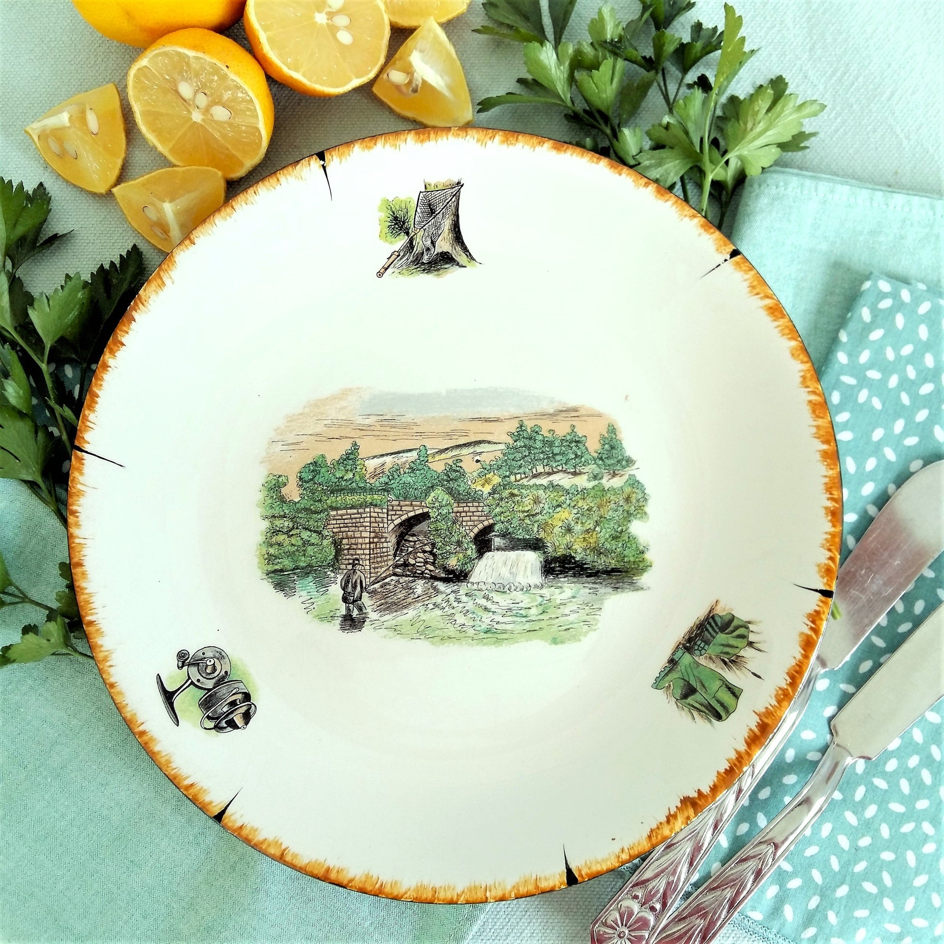 TEN 1950s Fishing Dinner Plates and Bowls from Tiggy & Pip - Just €240! Shop now at Tiggy and Pip