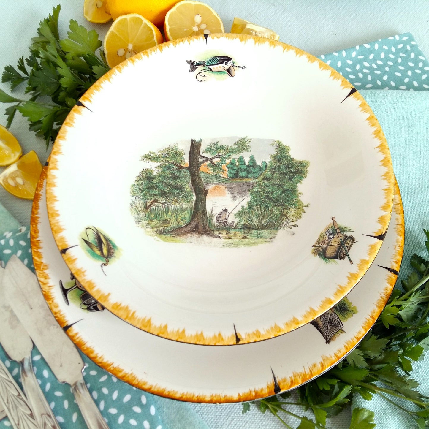 TEN 1950s Fishing Dinner Plates and Bowls from Tiggy & Pip - Just €240! Shop now at Tiggy and Pip