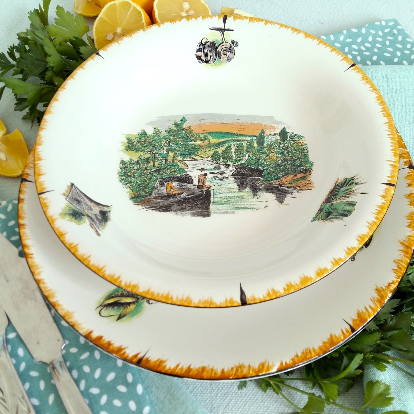 TEN 1950s Fishing Dinner Plates and Bowls from Tiggy & Pip - Just €240! Shop now at Tiggy and Pip