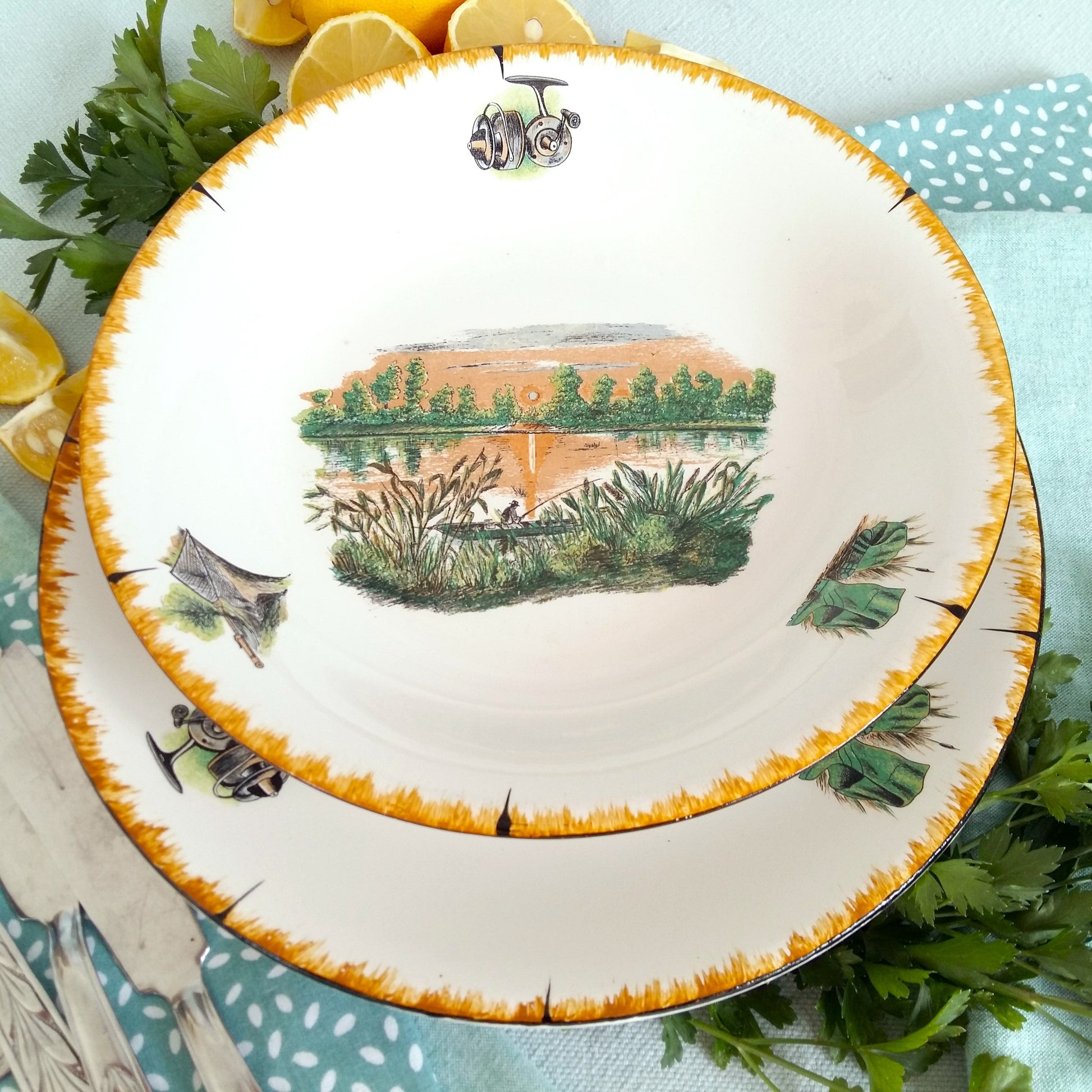 TEN 1950s Fishing Dinner Plates and Bowls from Tiggy & Pip - Just €240! Shop now at Tiggy and Pip