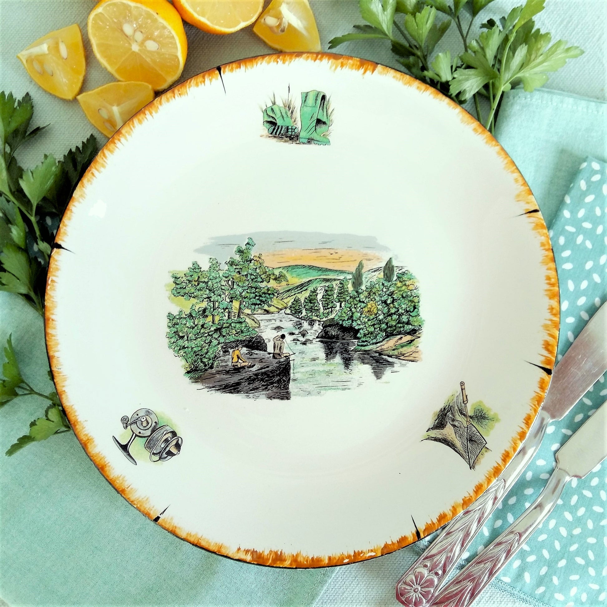 TEN 1950s Fishing Dinner Plates and Bowls from Tiggy & Pip - Just €240! Shop now at Tiggy and Pip