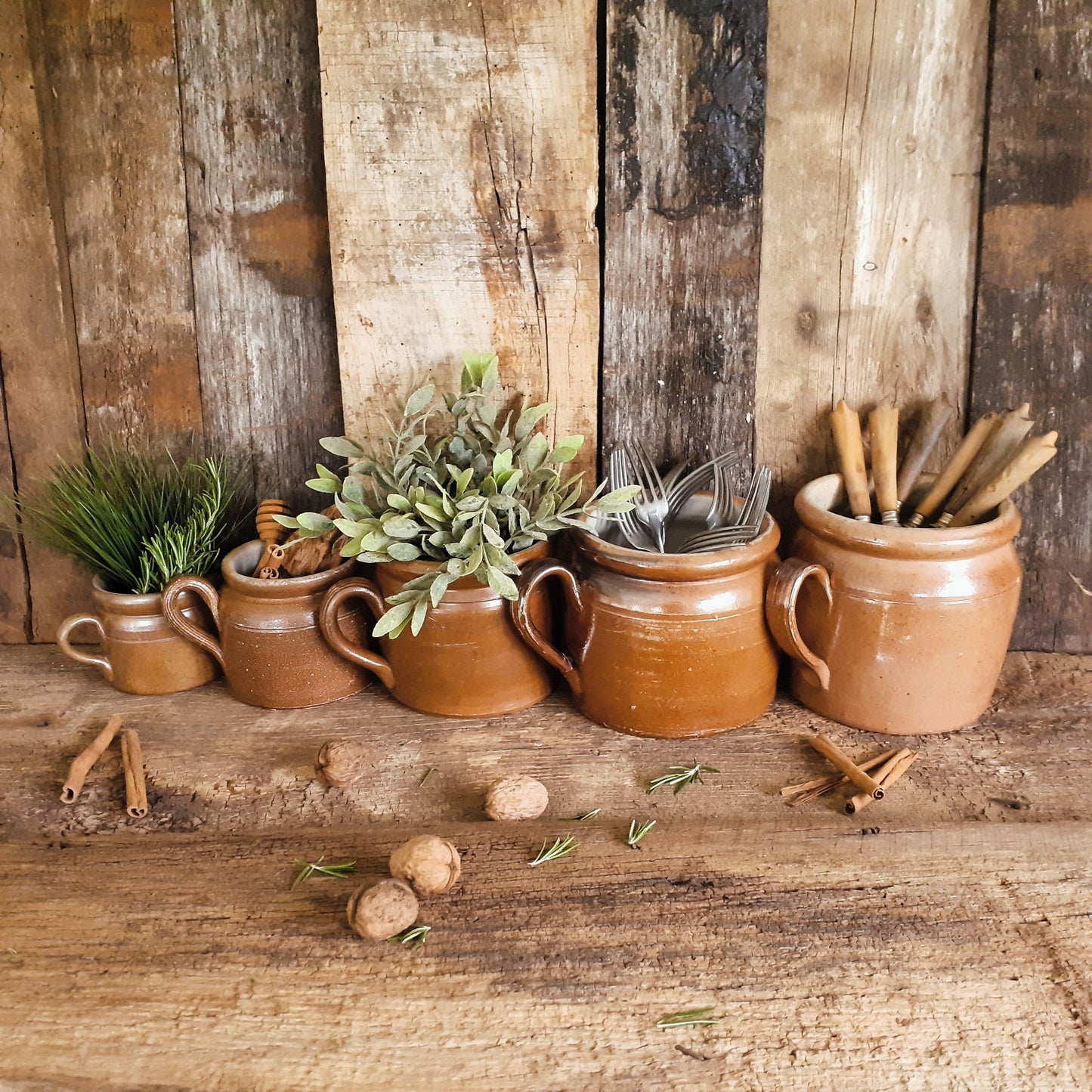 FIVE Antique Stoneware Confit Pots from Tiggy & Pip - Just €275! Shop now at Tiggy and Pip