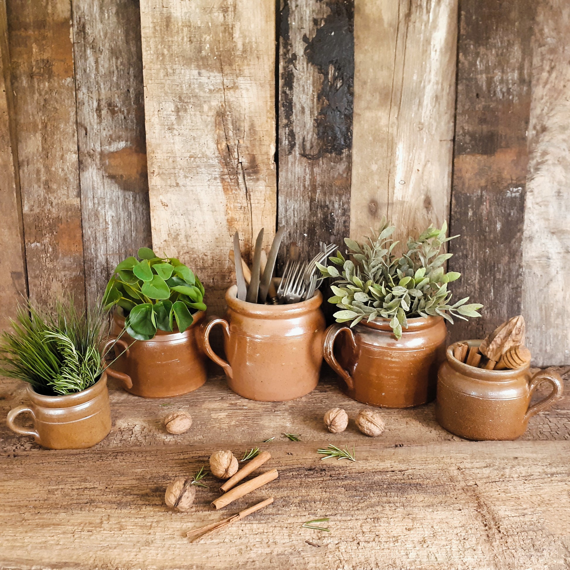 FIVE Antique Stoneware Confit Pots from Tiggy & Pip - Just €275! Shop now at Tiggy and Pip