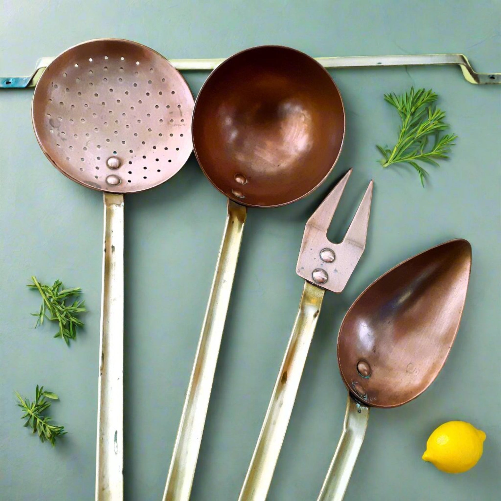 Copper Kitchen Utensils with Hanging Rail from Tiggy & Pip - Just €98! Shop now at Tiggy and Pip