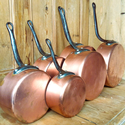 SIX Copper Pans with Cast Iron Handles from Tiggy & Pip - Just €280! Shop now at Tiggy and Pip