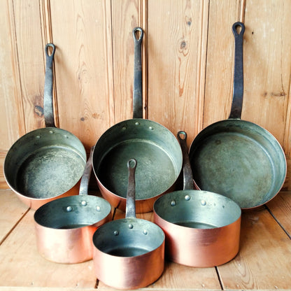 SIX Copper Pans with Cast Iron Handles from Tiggy & Pip - Just €280! Shop now at Tiggy and Pip