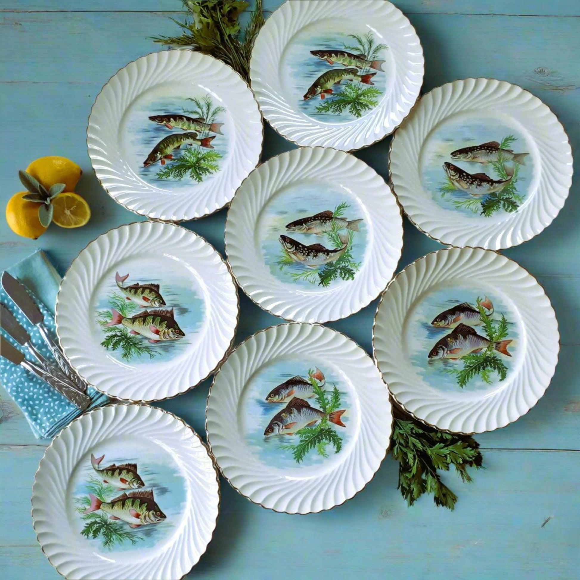 Eight 1950s French Fish Plates from Tiggy & Pip - Just €199! Shop now at Tiggy and Pip