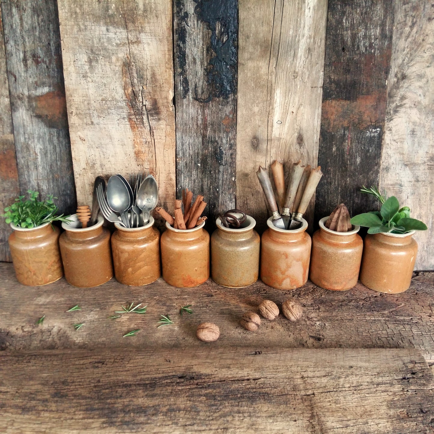 8 Rustic Stoneware Mustard Crocks. from Tiggy & Pip - Just €192! Shop now at Tiggy and Pip