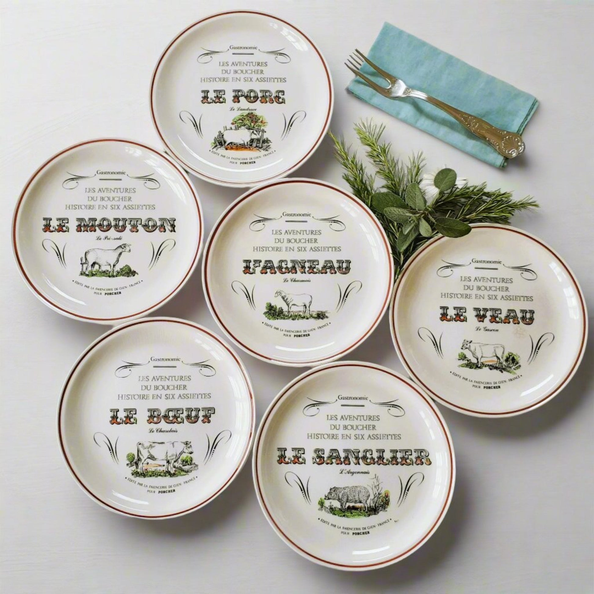 Six GIEN 1970s Butchers Dinner Plates from Tiggy & Pip - Just €168! Shop now at Tiggy and Pip