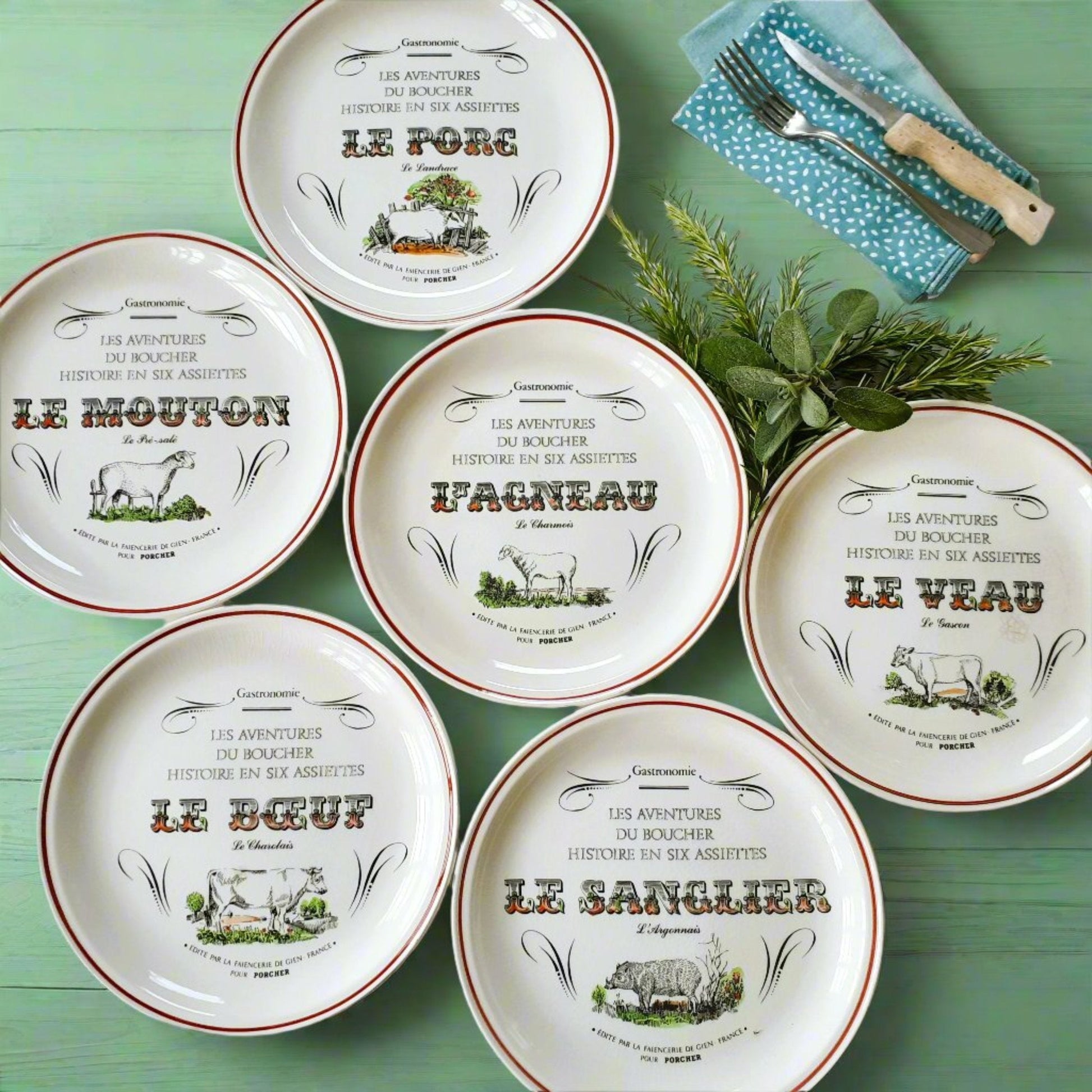 Six GIEN 1970s Butchers Dinner Plates from Tiggy & Pip - Just €168! Shop now at Tiggy and Pip