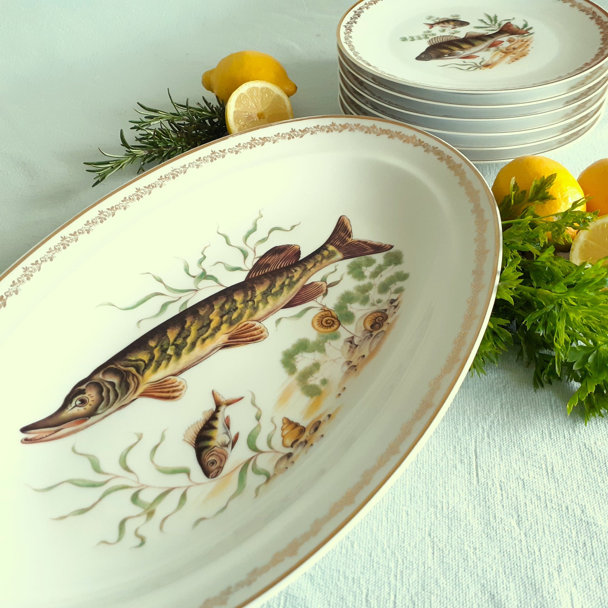 Fish Dinnerware Set. Six Plates and Platter. from Tiggy & Pip - Just €220! Shop now at Tiggy and Pip