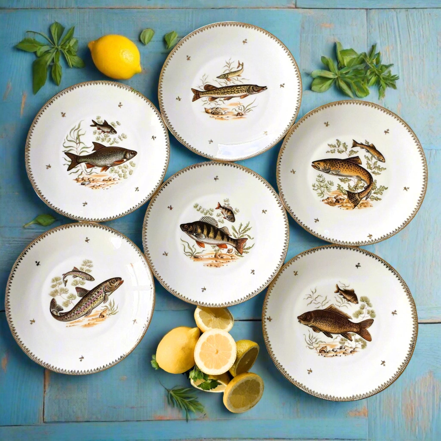 Six Limoges Porcelain Fish Plates from Tiggy & Pip - Just €156! Shop now at Tiggy and Pip