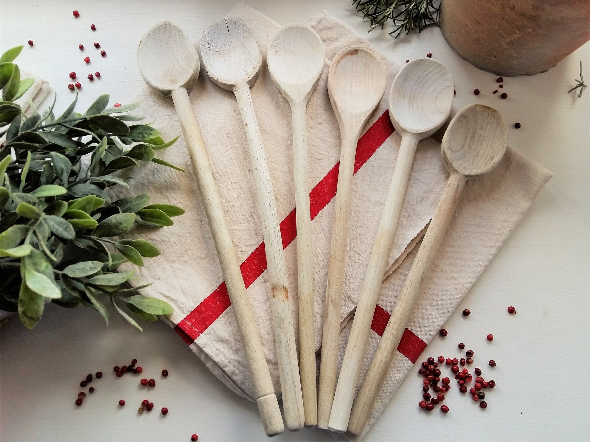 Set of SIX Vintage Bleached Long Wooden Spoons. from Tiggy & Pip - Just €54! Shop now at Tiggy and Pip