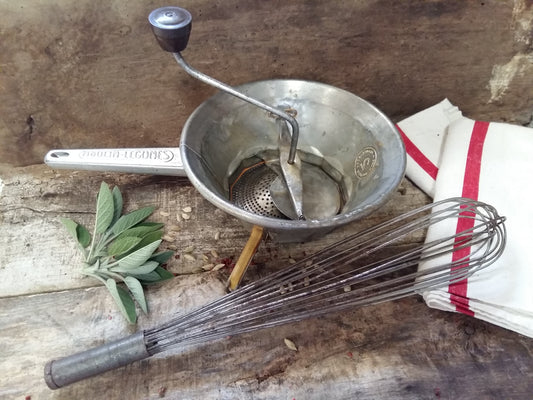 Original 1960s, Tin, Vintage Potato Ricer & Giant Metal Hand Whisk. from Tiggy & Pip - Just €79! Shop now at Tiggy and Pip