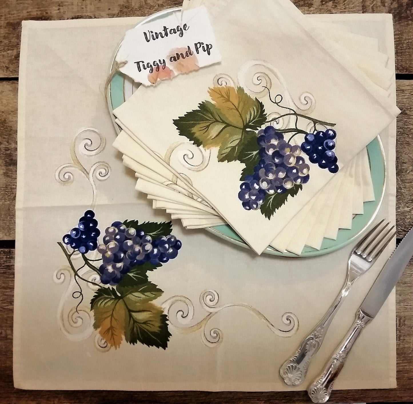 EIGHT Vintage Cotton Napkins in Grape Vine Design. from Tiggy & Pip - Just €64! Shop now at Tiggy and Pip