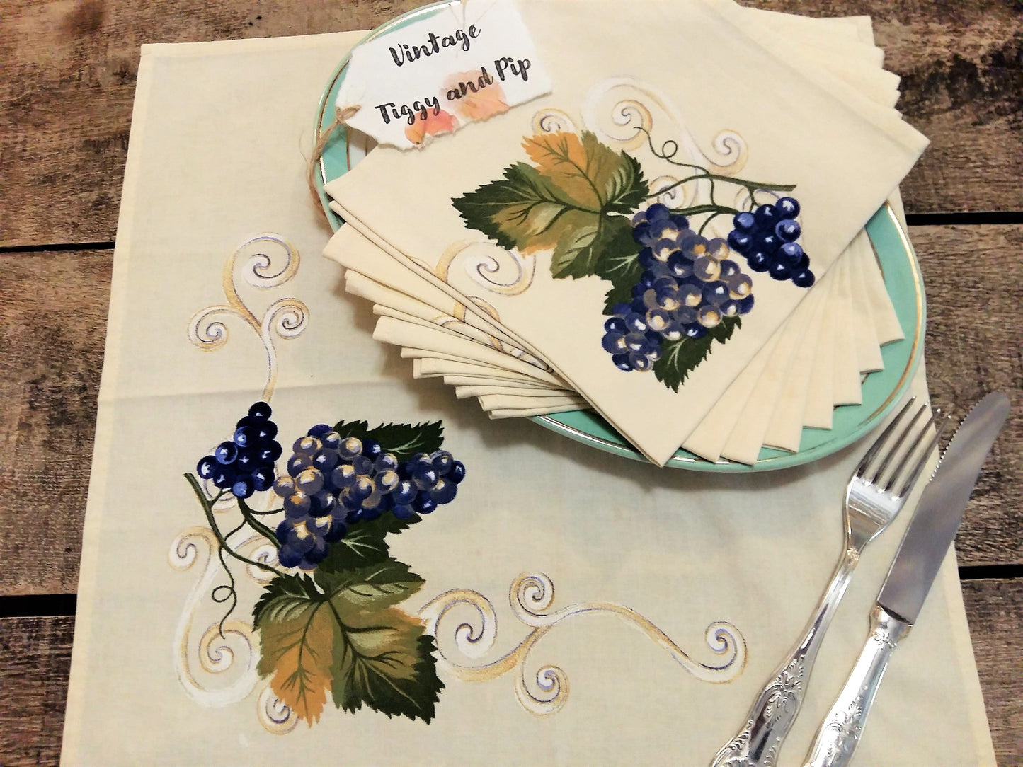 EIGHT Vintage Cotton Napkins in Grape Vine Design. from Tiggy & Pip - Just €64! Shop now at Tiggy and Pip