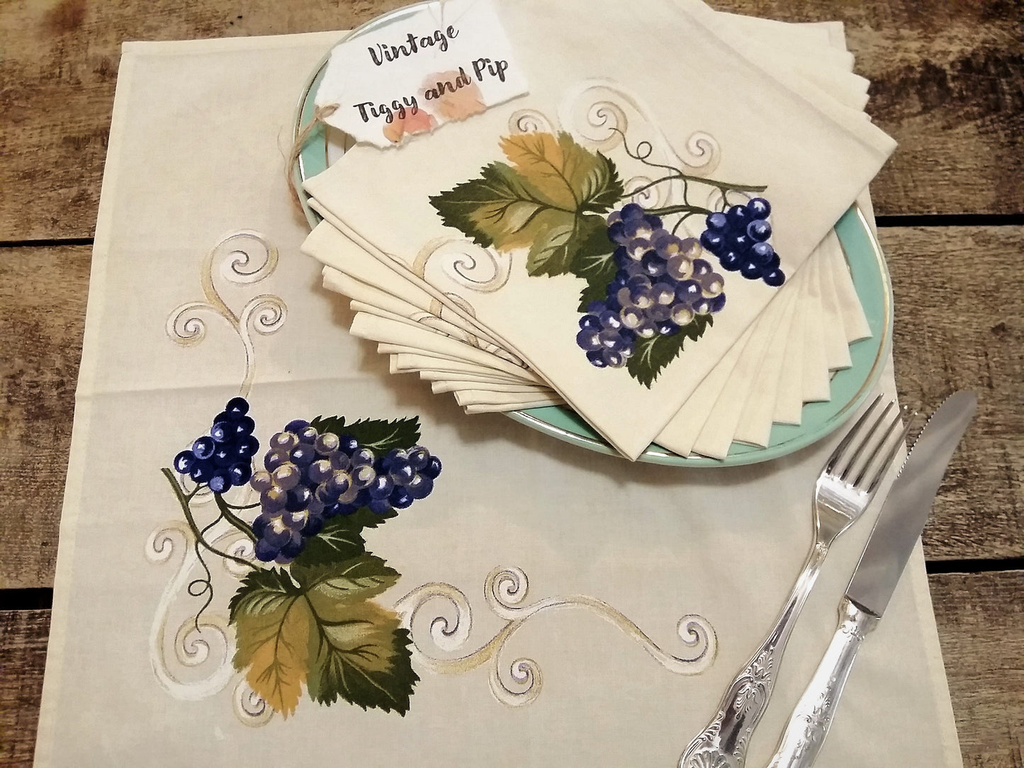 EIGHT Vintage Cotton Napkins in Grape Vine Design. from Tiggy & Pip - Just €64! Shop now at Tiggy and Pip