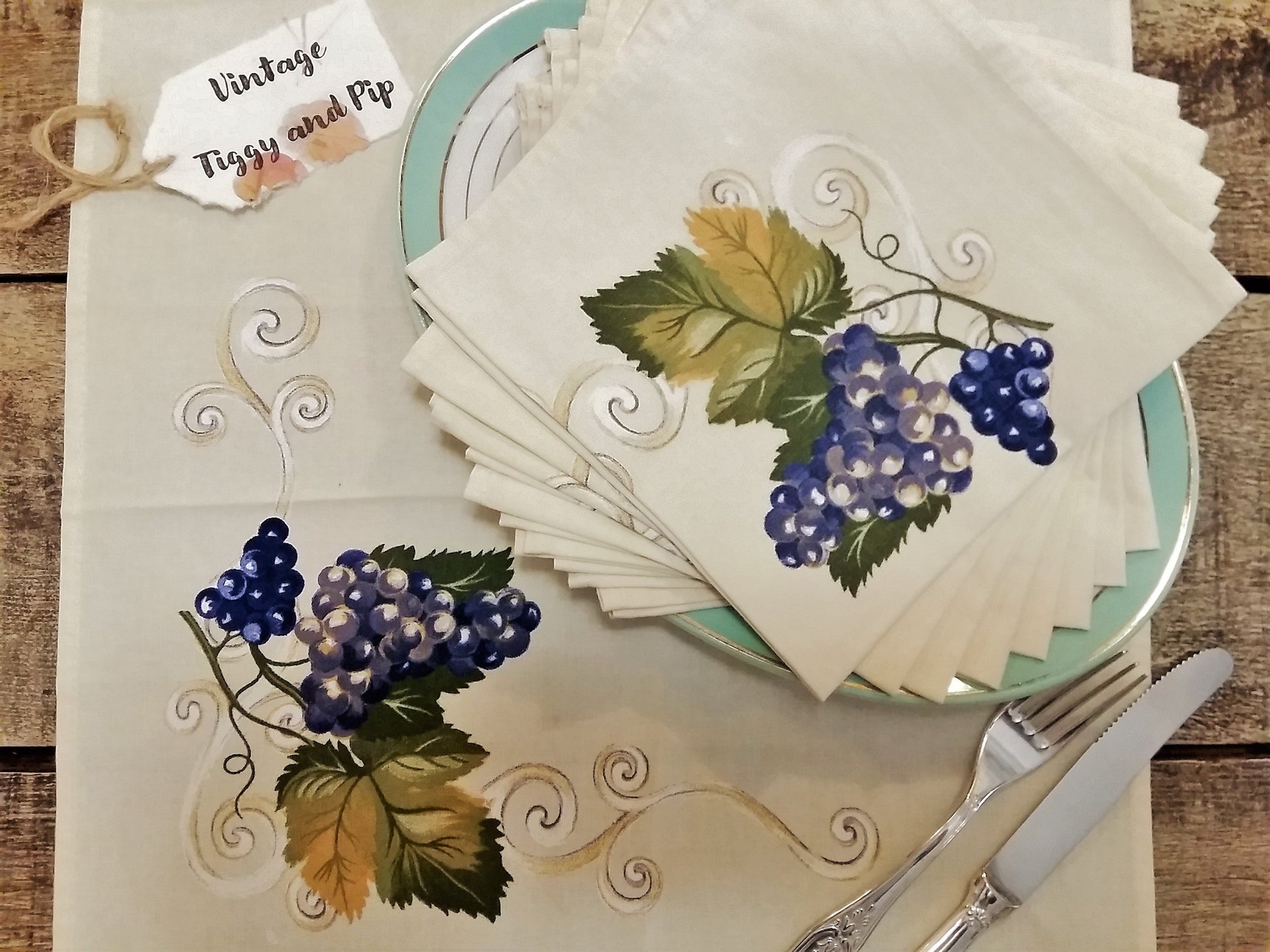 EIGHT Vintage Cotton Napkins in Grape Vine Design. from Tiggy & Pip - Just €64! Shop now at Tiggy and Pip