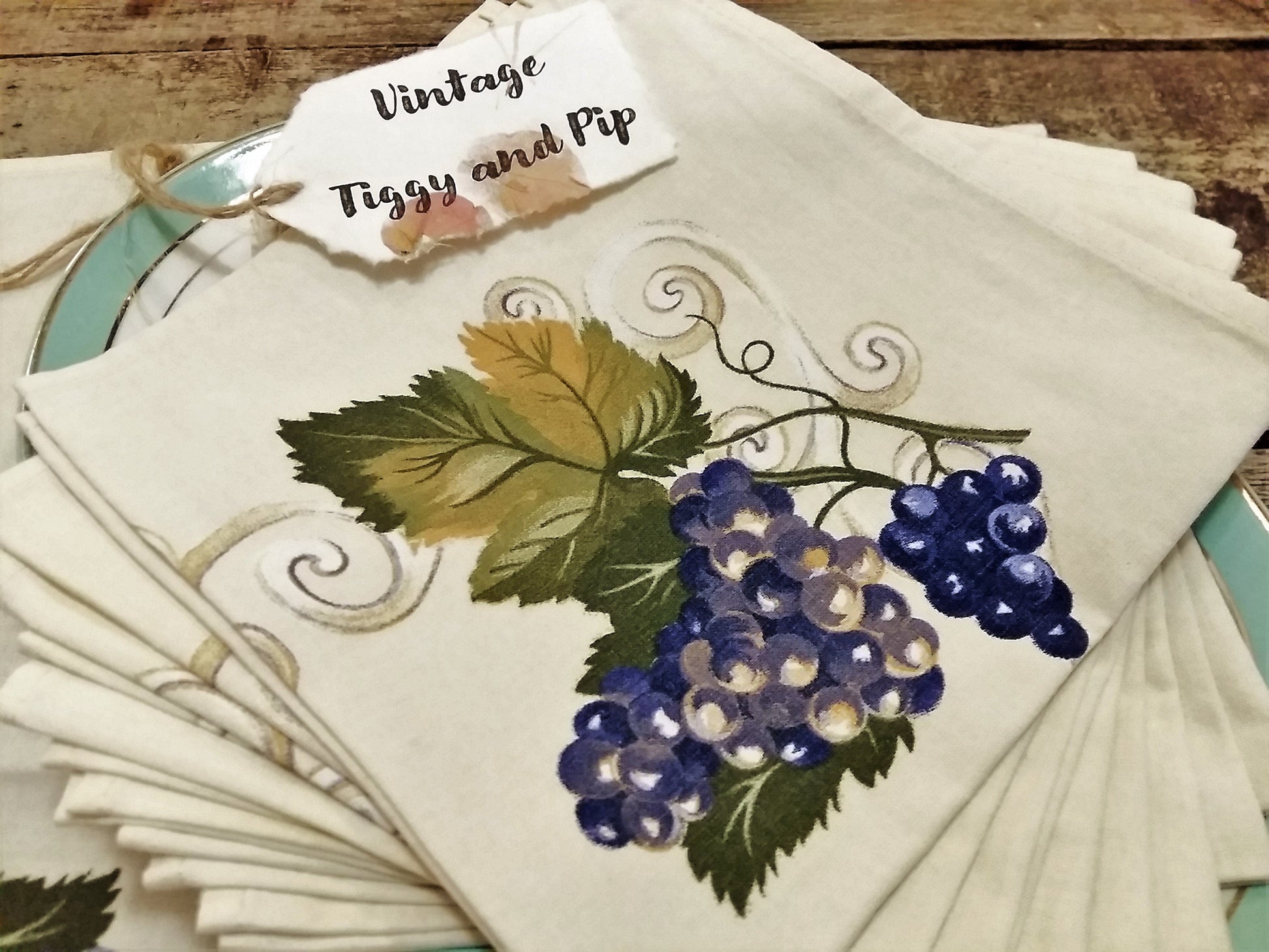 EIGHT Vintage Cotton Napkins in Grape Vine Design. from Tiggy & Pip - Just €64! Shop now at Tiggy and Pip