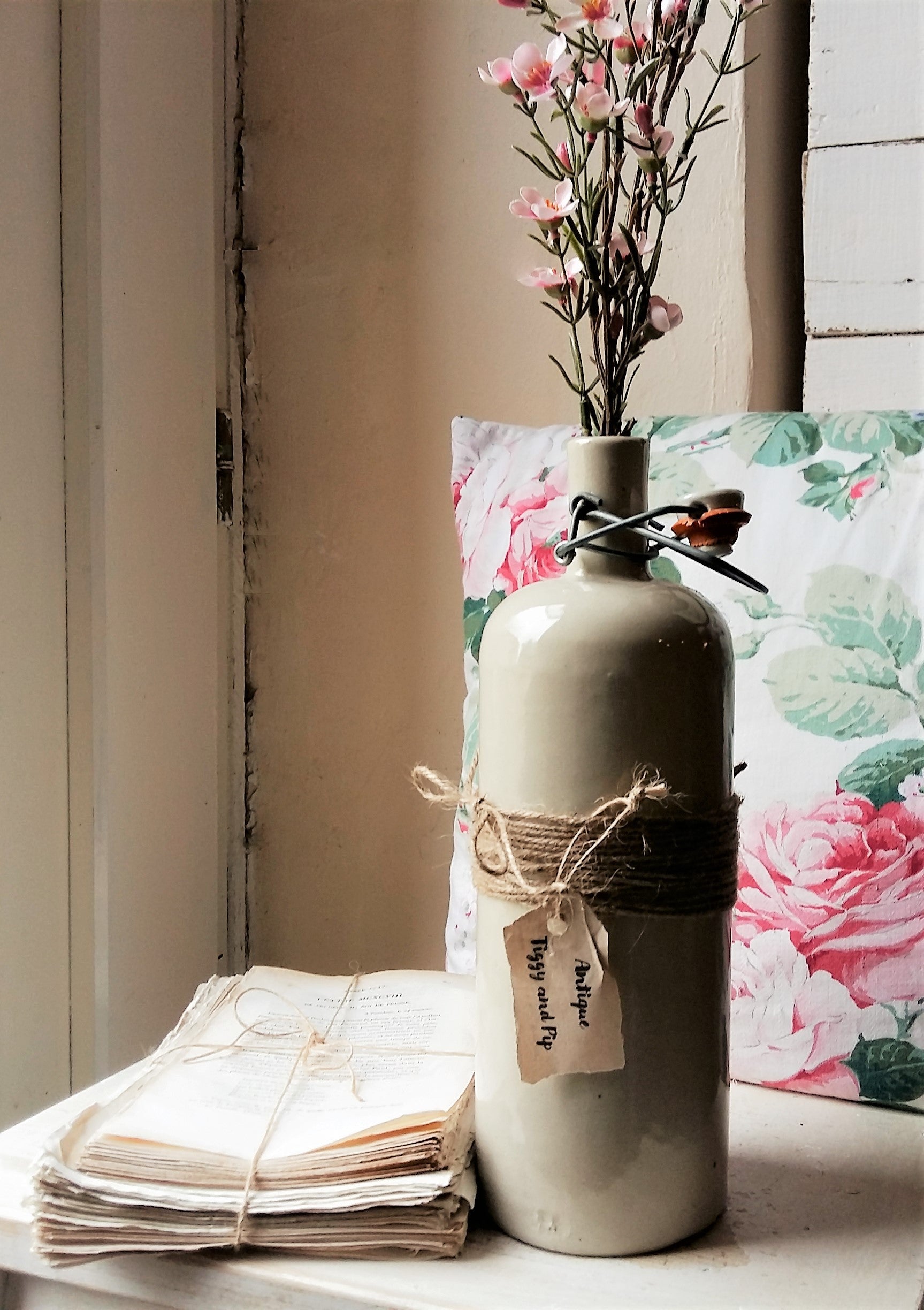 Antique Stoneware Bottle with Ceramic Stopper and Metal Clasp. from Tiggy & Pip - Just €69! Shop now at Tiggy and Pip