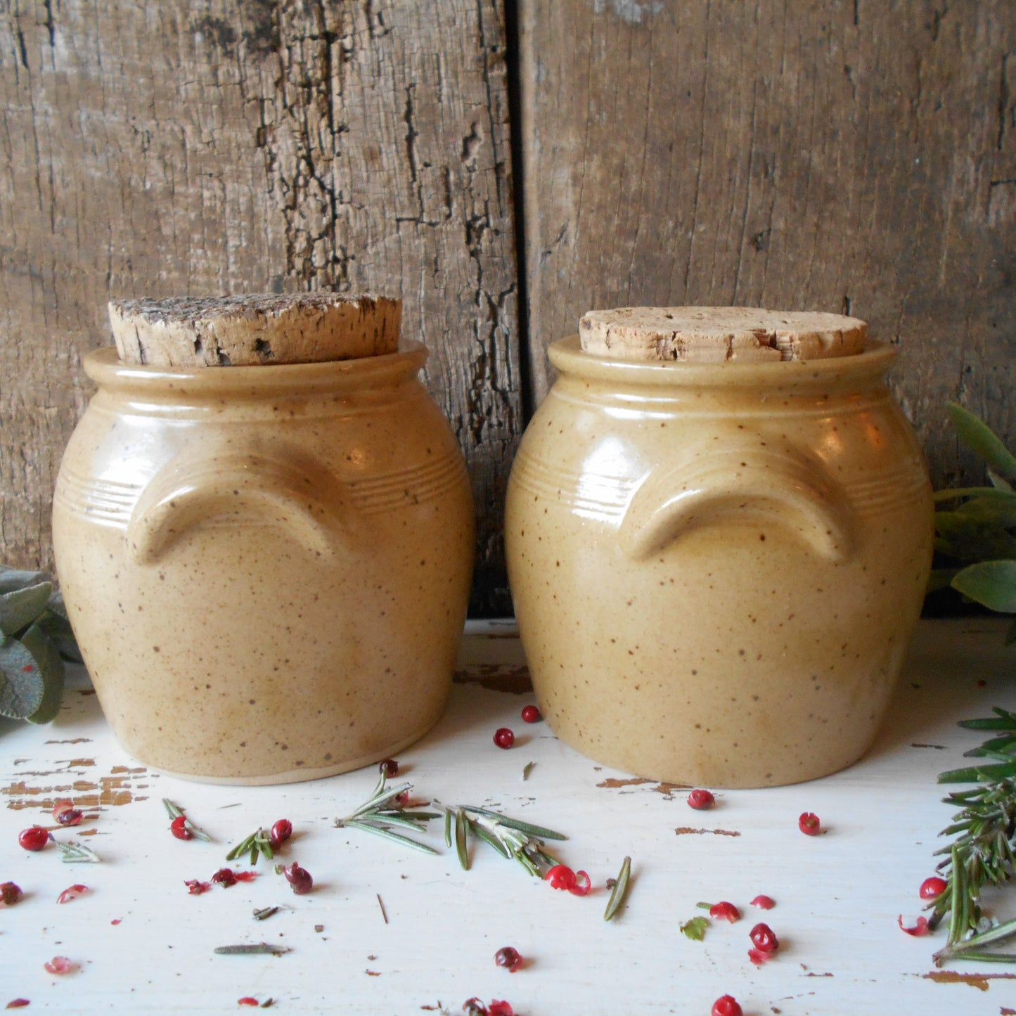 Two Stoneware Mustard Crocks with Vintage Cork Stoppers. French Mustard Jars. from Tiggy & Pip - Just €78! Shop now at Tiggy and Pip