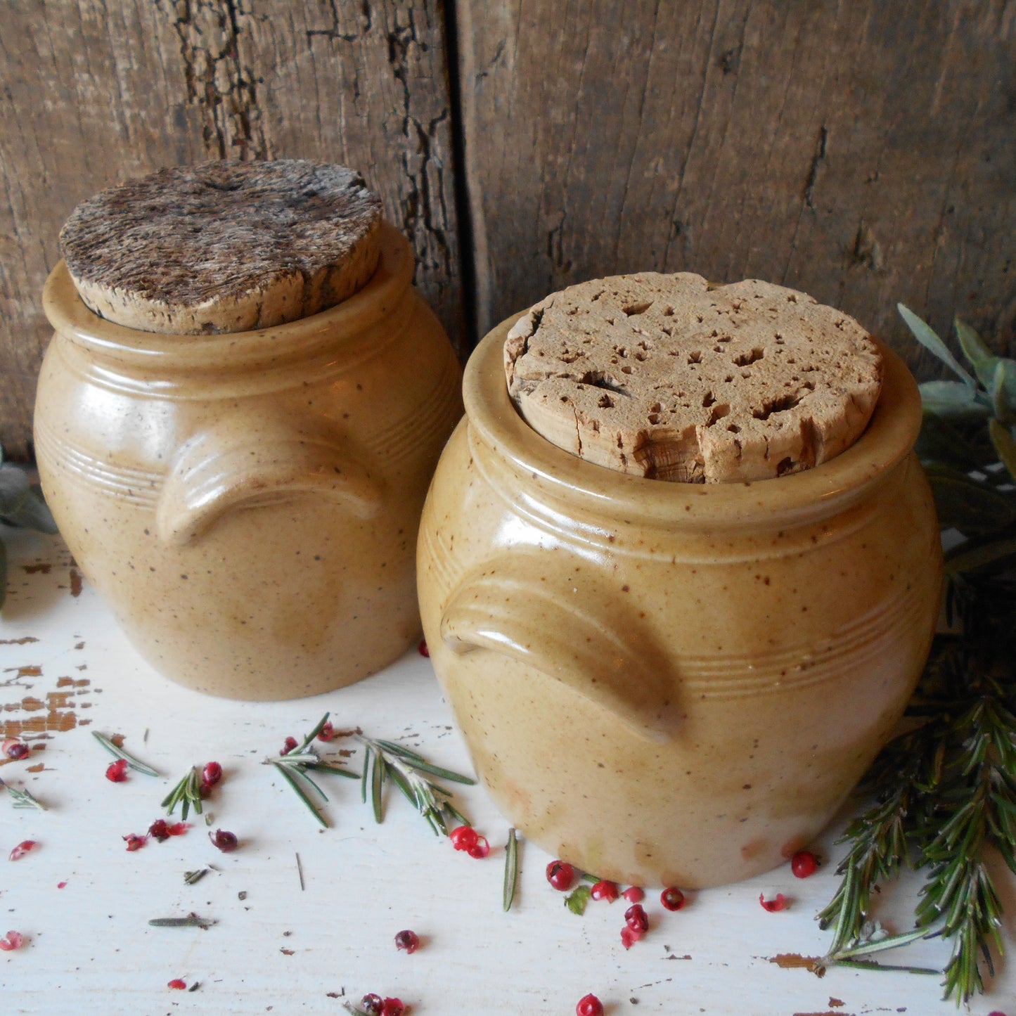 Two Stoneware Mustard Crocks with Vintage Cork Stoppers. French Mustard Jars. from Tiggy & Pip - Just €78! Shop now at Tiggy and Pip